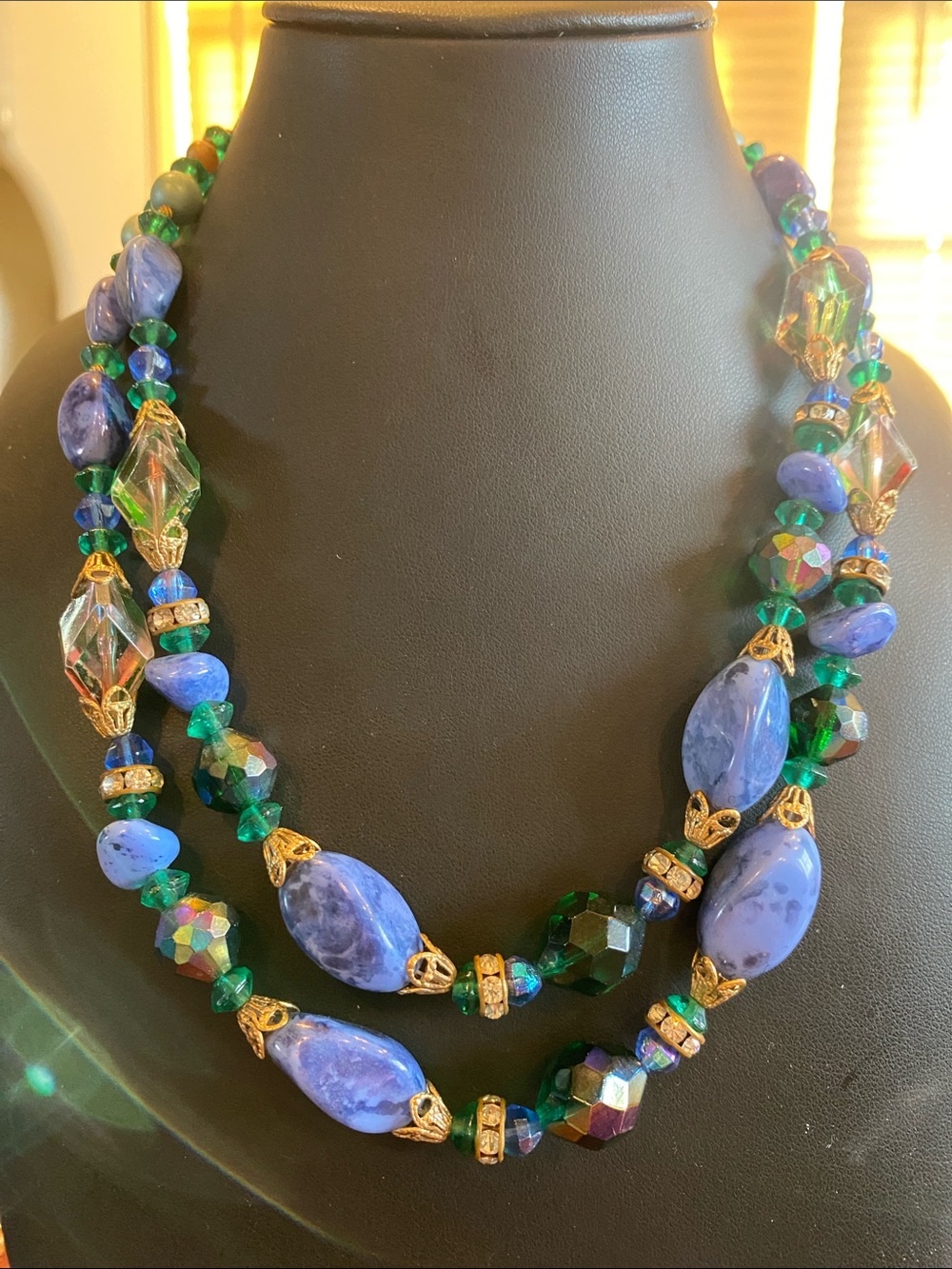 Handmade Blue Stone and Green Crystal and Acrylic Necklace with filigree Caps.